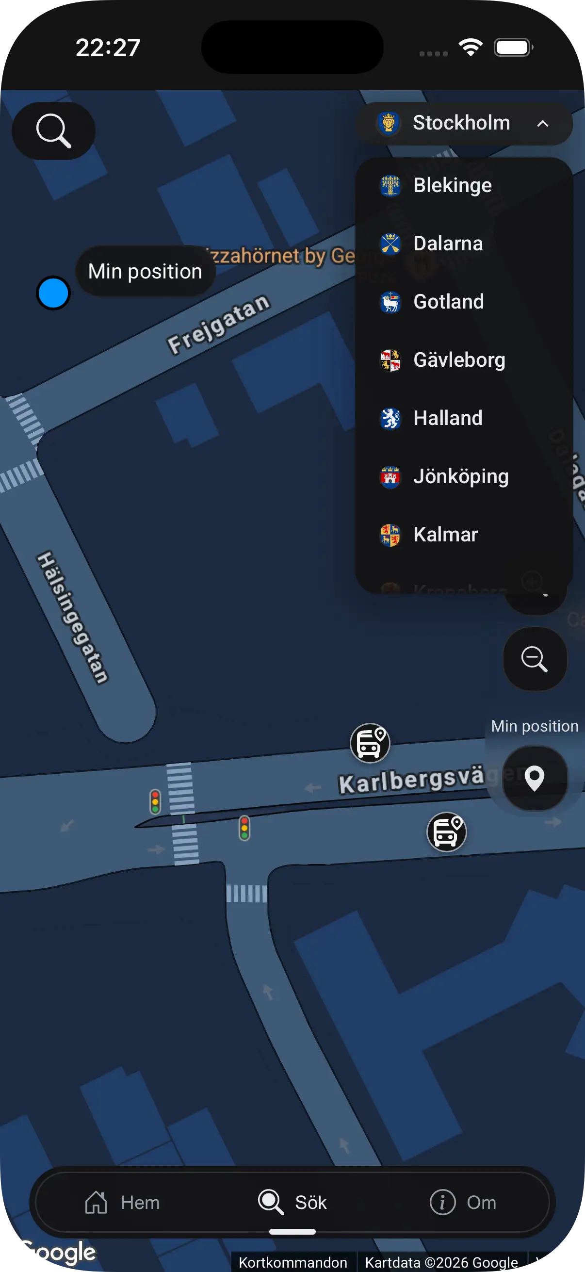 Visa regionval i listan bredvid sökfältet i realtidsvyn.