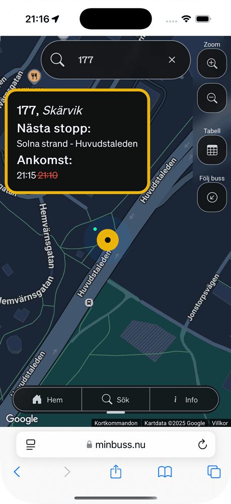 visar detaljer om vald buss, inklusive slutstation och nästa stopp.