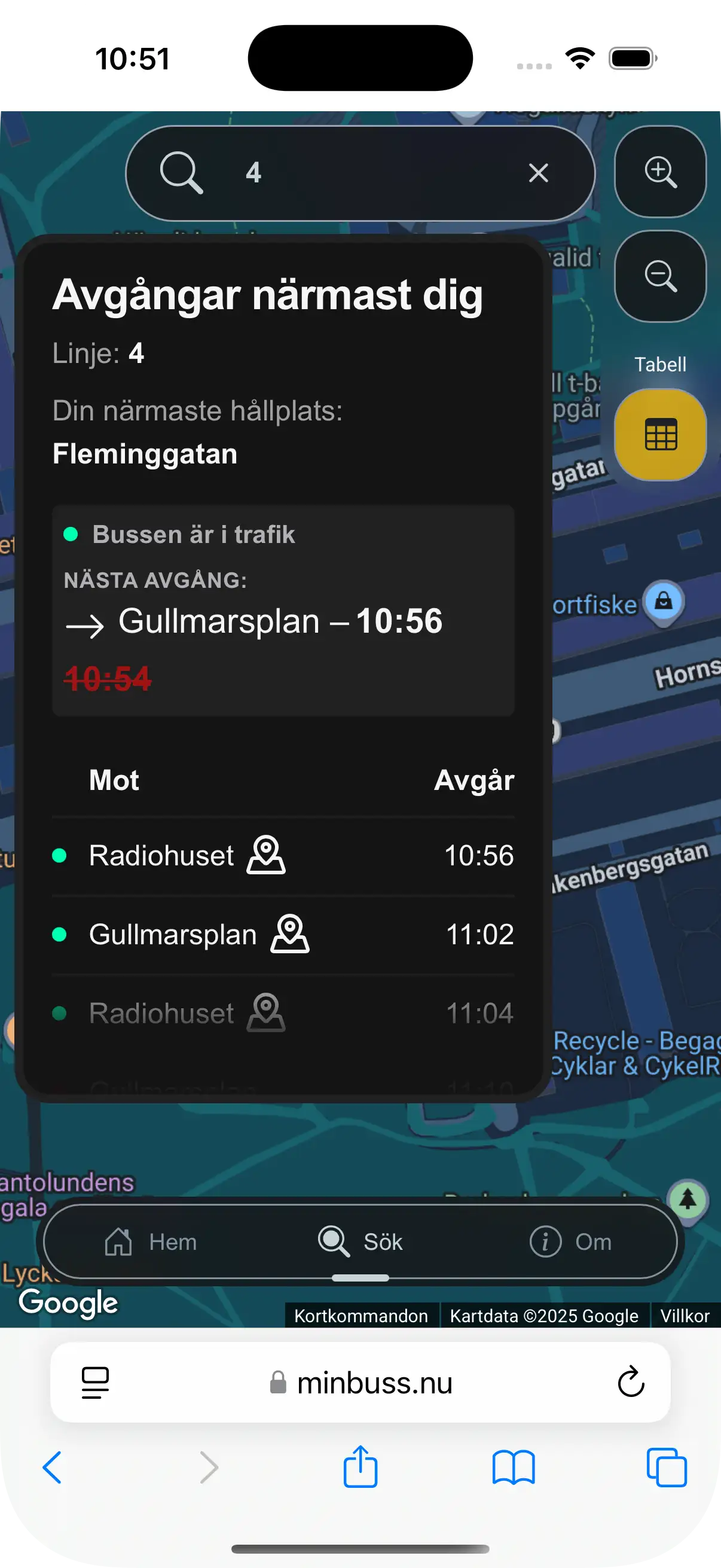 Tabell med pågående resor för vald busslinje och avgångstider från din närmaste hållplats.
