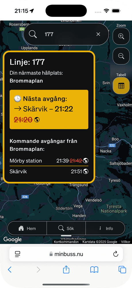 Tabell med pågående resor för vald busslinje och avgångstider från din närmaste hållplats.