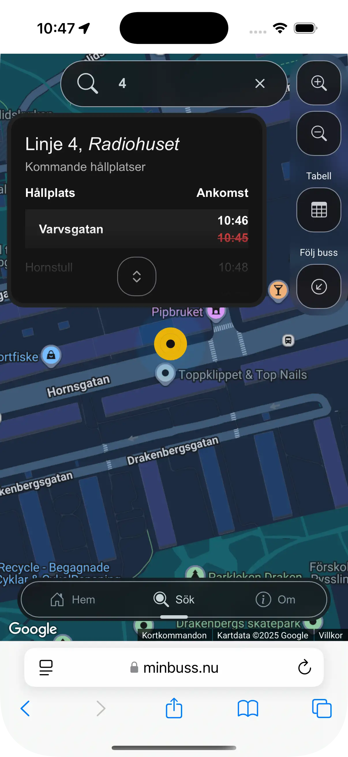 visar detaljer om vald buss, inklusive slutstation och kommande stopp.
