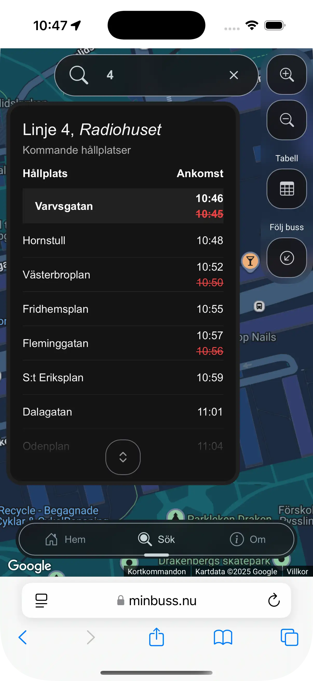 Expanderad vy om vald buss, inklusive slutstation och kommande stopp.